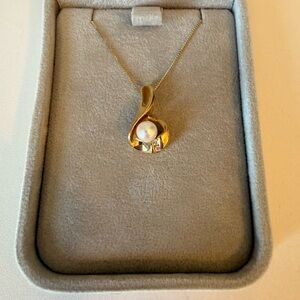 Gold Pearl Pendant Necklace with Clear Accent Stones